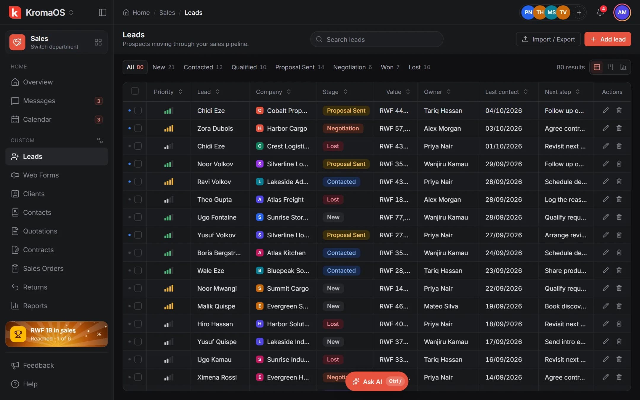 The Leads table in the dashboard, with a sidebar of departments, filters and a view switcher.